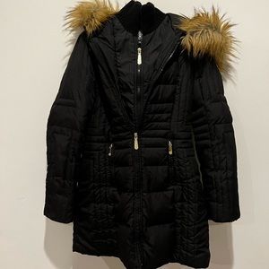 Black Vince Camuto Faux Fur Trim Parka